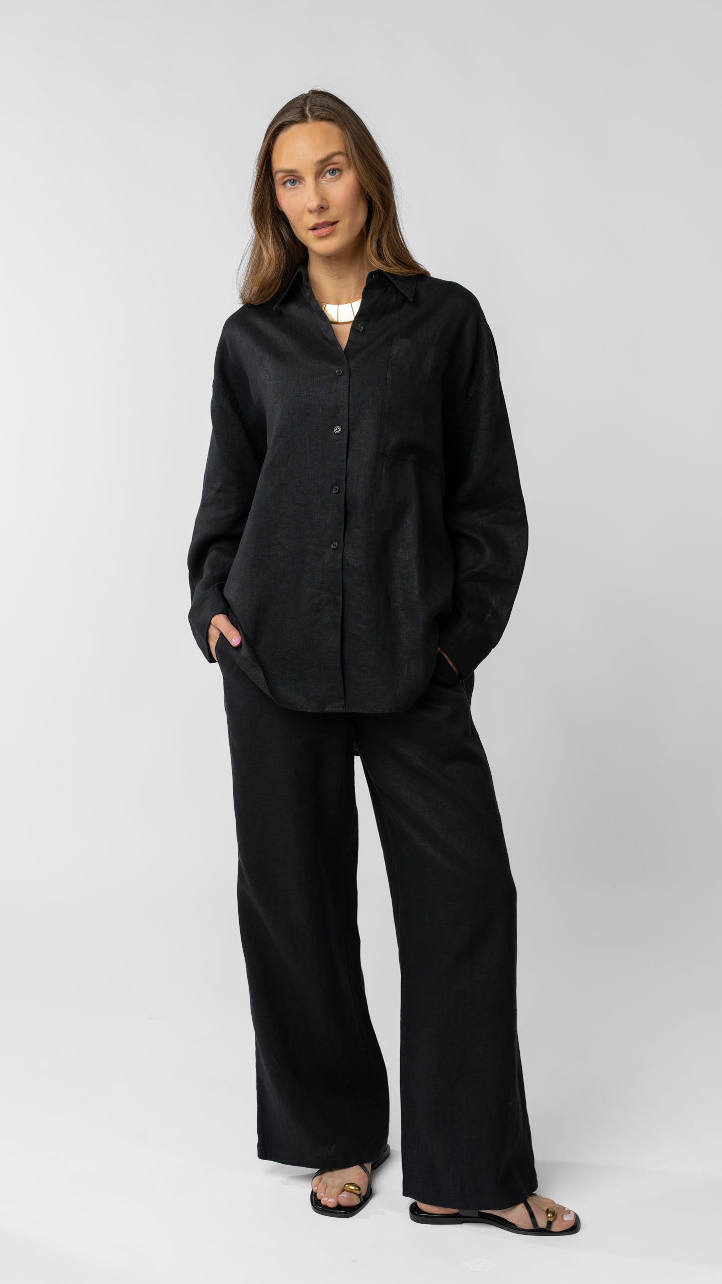 model wearing linen top and pants in black