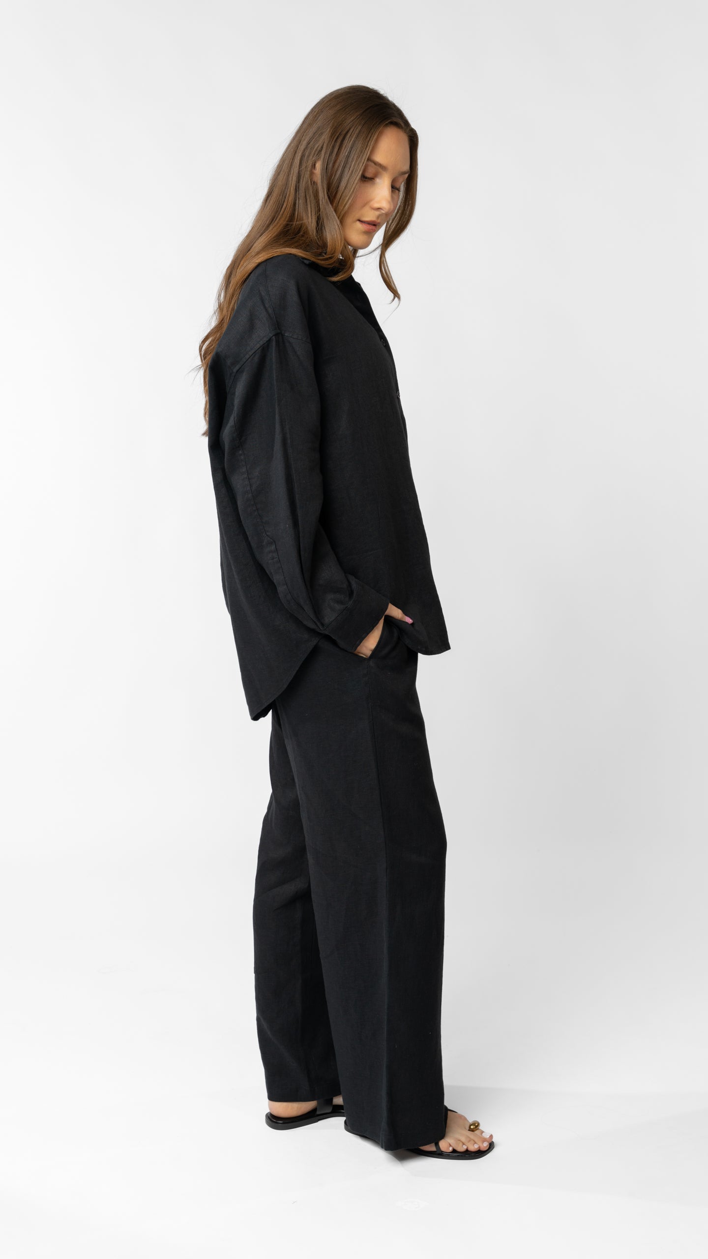 model wearing linen top and pants in black