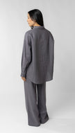 women wearing linen shirt and pants in purple