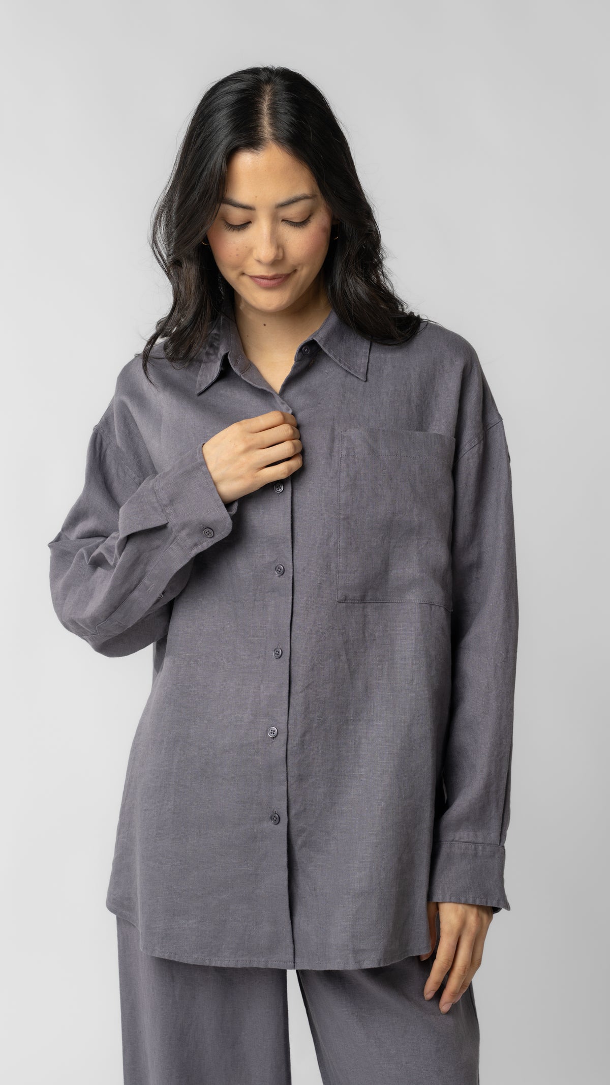women wearing linen shirt and pants in purple