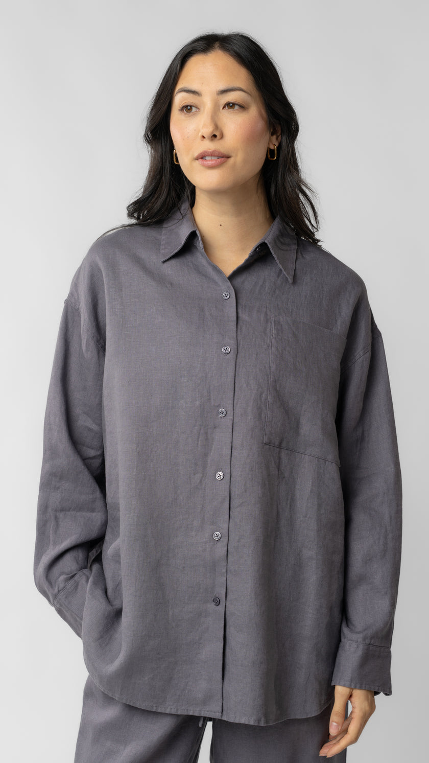 women wearing linen shirt and pants in purple