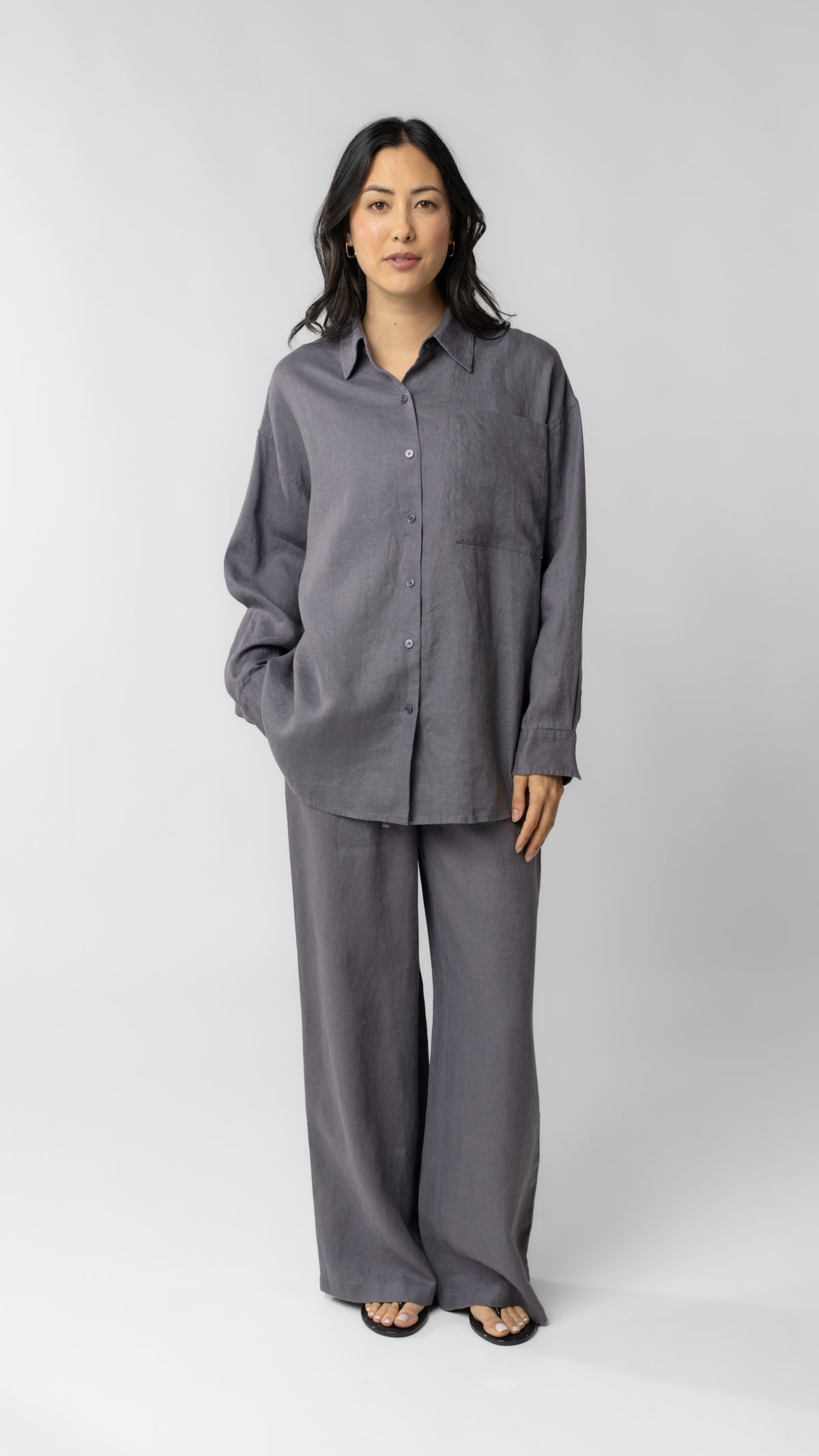 women wearing linen shirt and pants in purple