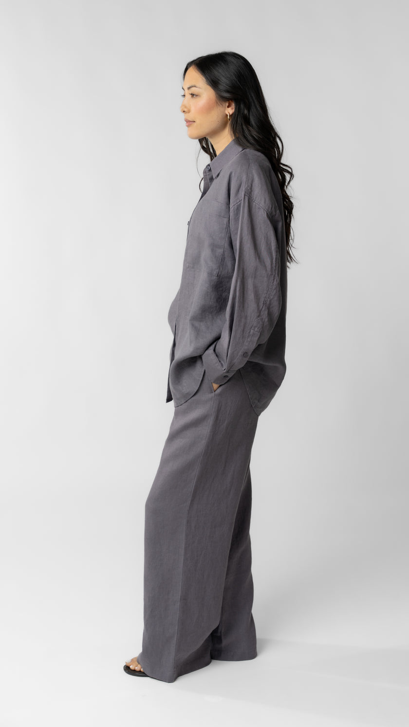 women wearing linen shirt and pants in purple