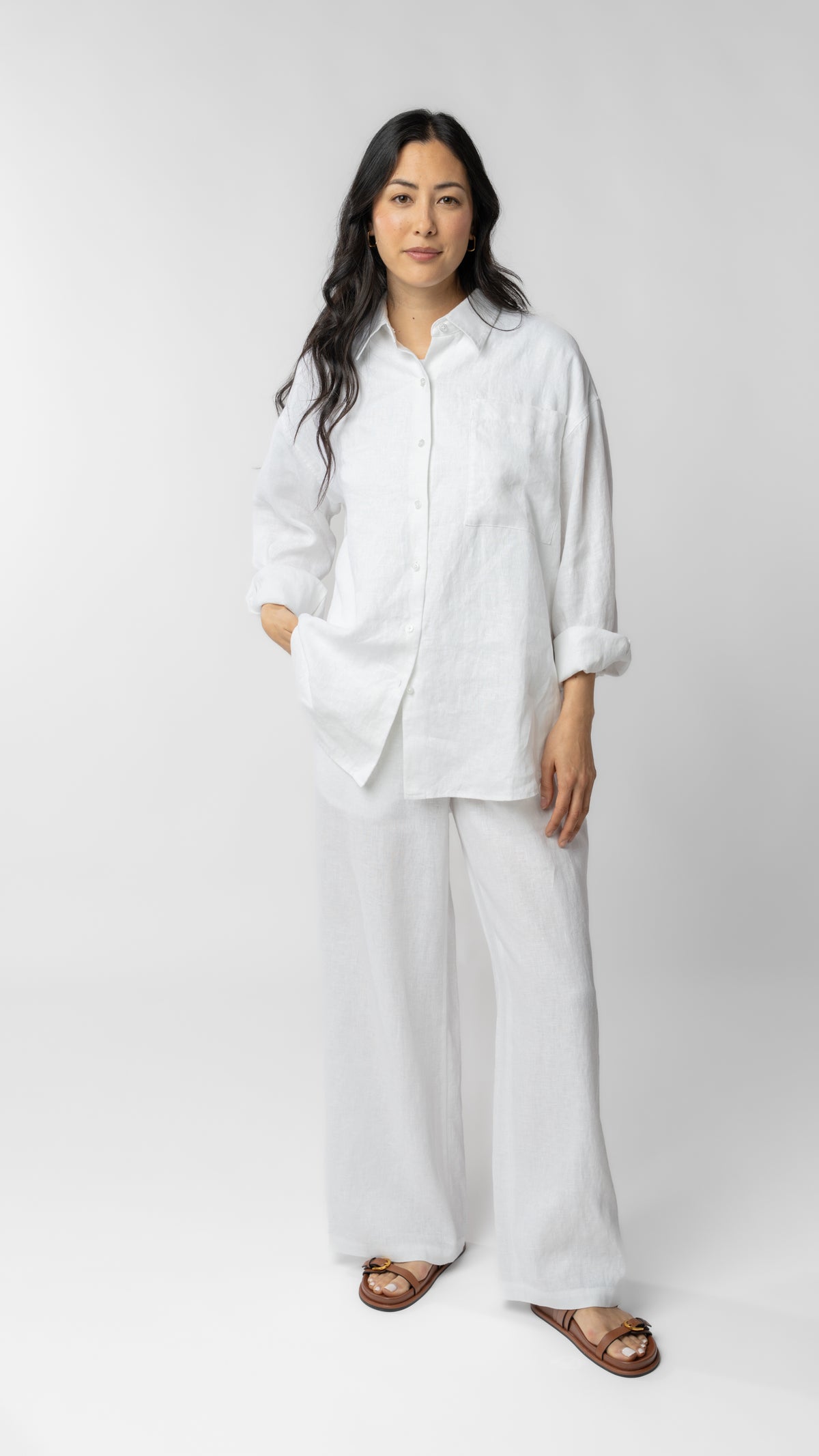 model wearing linen top and pants in white
