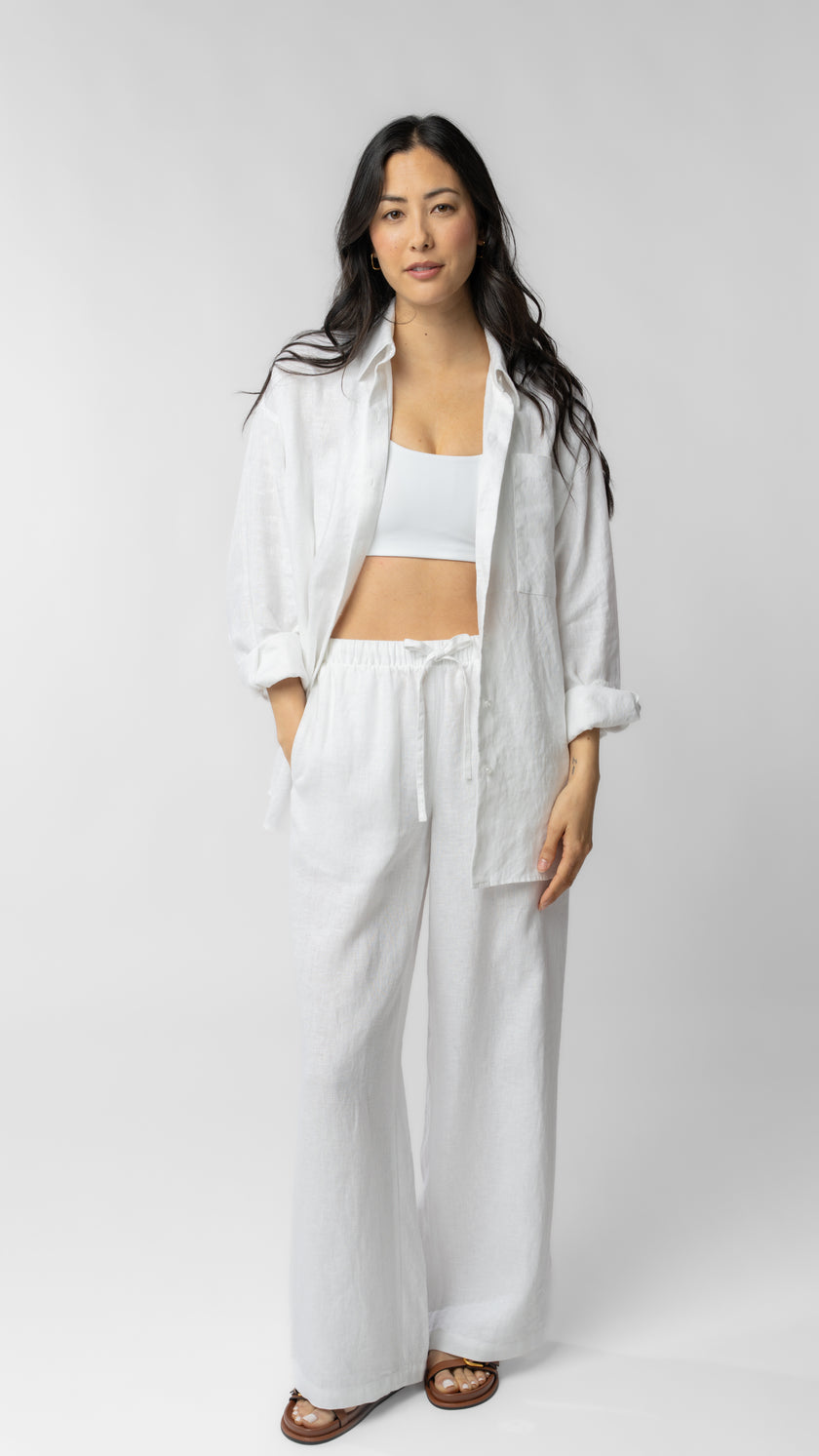 model wearing linen top and pants in white